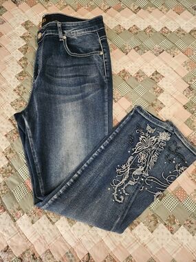 Dkin High Rise Jeans with Silver Embroidery/Sequine Applique Legs